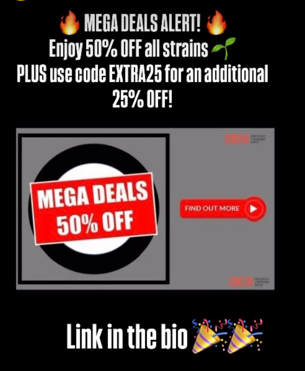 🔥 MEGA DEALS ALERT! 🔥
🌱 50% OFF all strains
✨ PLUS use code EXTRA25 for another 25% OFF
= a MASSIVE 75% OFF 😱
Don’t sleep on this — limited time only!
👉 Shop now at Discount Seeds
#MegaDeals #SeedSale #DiscountSeeds #BigSavings #PlantLife #GrowYourOwn #SeedLovers