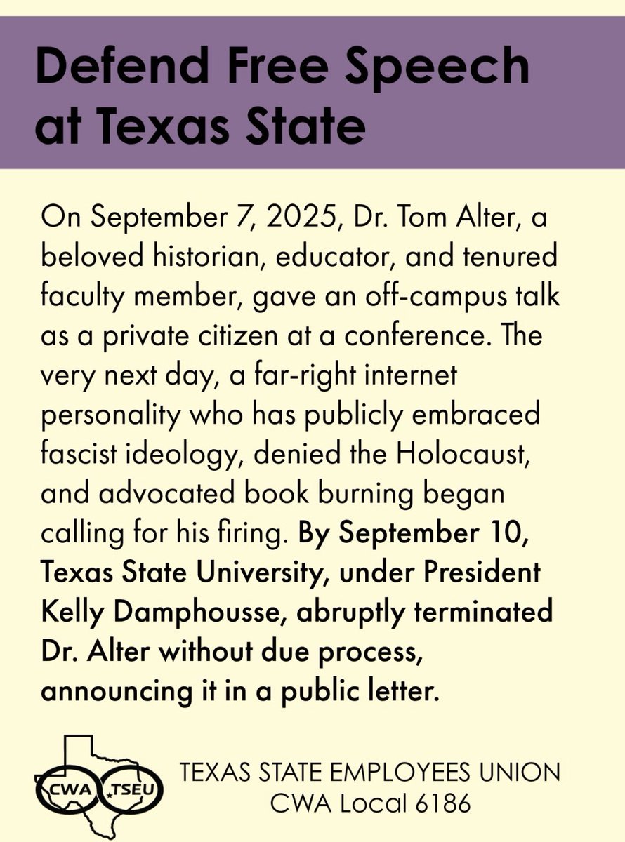 kasamangcerena's tweet image. Dr. Tom Alter, a tenured historian at Texas State University quoted in this @HoustonChron article covering @unitehere23 ‘s historic hotel workers strike, was fired by TXST administration earlier this week for exercising his right to freedom of speech.