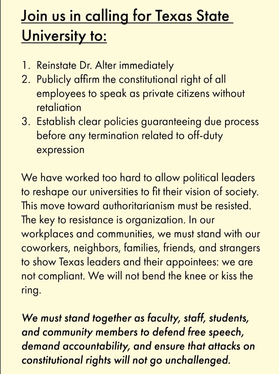 kasamangcerena's tweet image. Dr. Tom Alter, a tenured historian at Texas State University quoted in this @HoustonChron article covering @unitehere23 ‘s historic hotel workers strike, was fired by TXST administration earlier this week for exercising his right to freedom of speech.