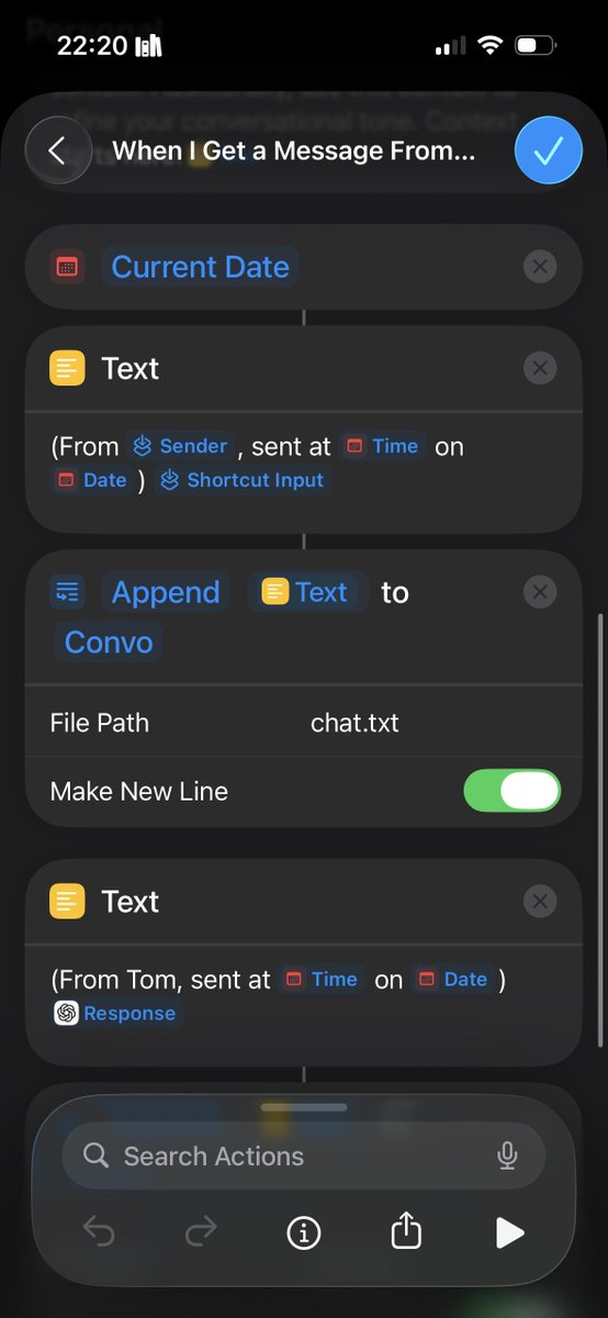 uncreativetom's tweet image. Because it&apos;s an Automation and not a Shortcut it gets fucked up when I try to share it using the link :(

here&apos;s the full shortcut so you can replicate it on ur device

make sure to create the chat.txt file, which is just a blank txt document to store context