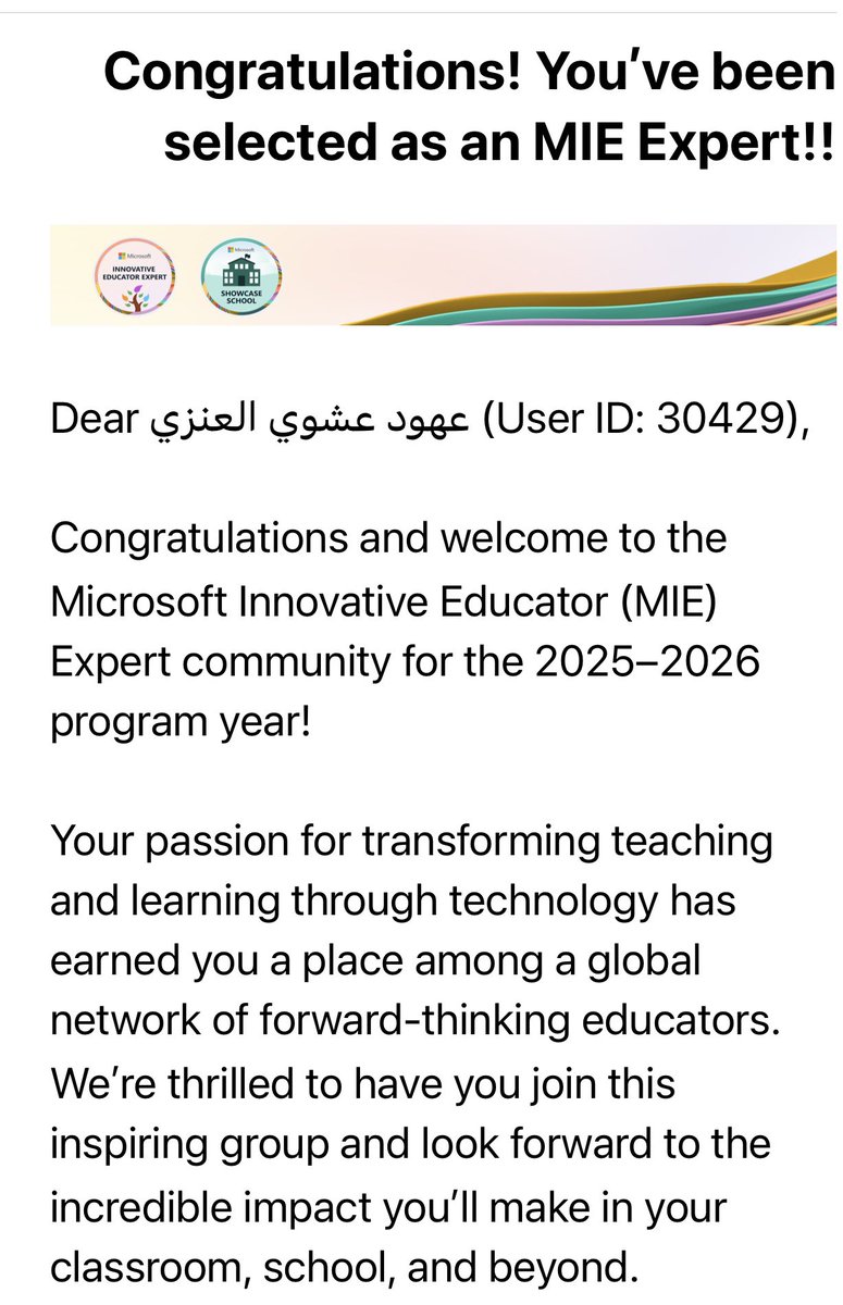 ahood40_'s tweet photo. ولله الحمد وللعام الخامس على التوالي تم اختياري #خبير_مايكروسوفت_للتعلم_الإبداعي لعام 2025-2026
#MIEExpert
#Microsoft Innovative Educator
@Microsoft_Saudi
@moe_gov_sa
@moe_hud 
 
@abeermehdar https://t.co/20UYkVPxeO