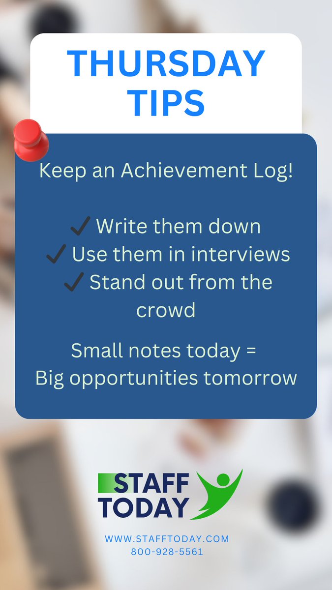 StaffToday25's tweet image. 💡 Quick tip: Keep a running list of your work achievements—you’ll thank yourself during resume updates &amp;amp; interviews! #TipsThursday

📞 800-928-5561 | 🌐 stafftodayinc.com

#StaffToday #WorkWithStaffToday #CareerTips #HealthcareJobs