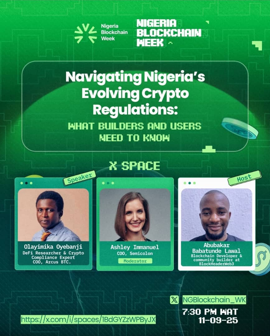 Nigeria's crypto scene is evolving FAST  

Don't miss this LIVE X Space breaking it down!  

Join experts Olayimika Oyebanji (DeFi Compliance Guru @ Arcs BTC), Moderator, Ashley Emmanuel (COO  @ Semillon), and host Babatunde Lawal (Blockchain Dev &amp; Community Builder