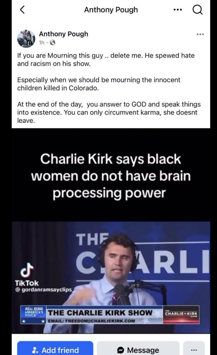 SCOOP:

<a href="/DHSgov/">Homeland Security</a> source tells me now that Anthony Pough, the current US <a href="/SecretService/">U.S. Secret Service</a> agent who mocked the assassination of Charlie Kirk on Facebook today, has been put on administrative leave and he is now facing termination.

He said Charlie’s murder was KARMA. 

Keep sending