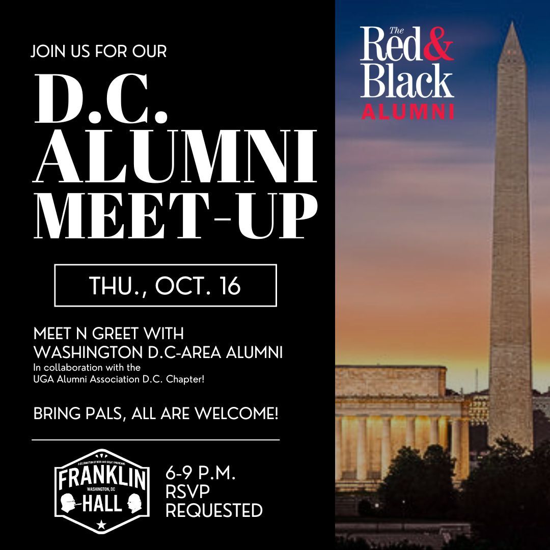 RnBalumni's tweet photo. Join The Red &amp; Black and UGA Alumni Association Washington D.C. Chapter at Franklin Hall on Thursday, Nov. 1 from 6-9 p.m. for the next event in our alumni series! Meet-n-greet with friends at this free event hosted by D.C. Ambassador Rudy Dey. RSVP here: https://t.co/vdqGaINhTx https://t.co/MKp17rE2Mr