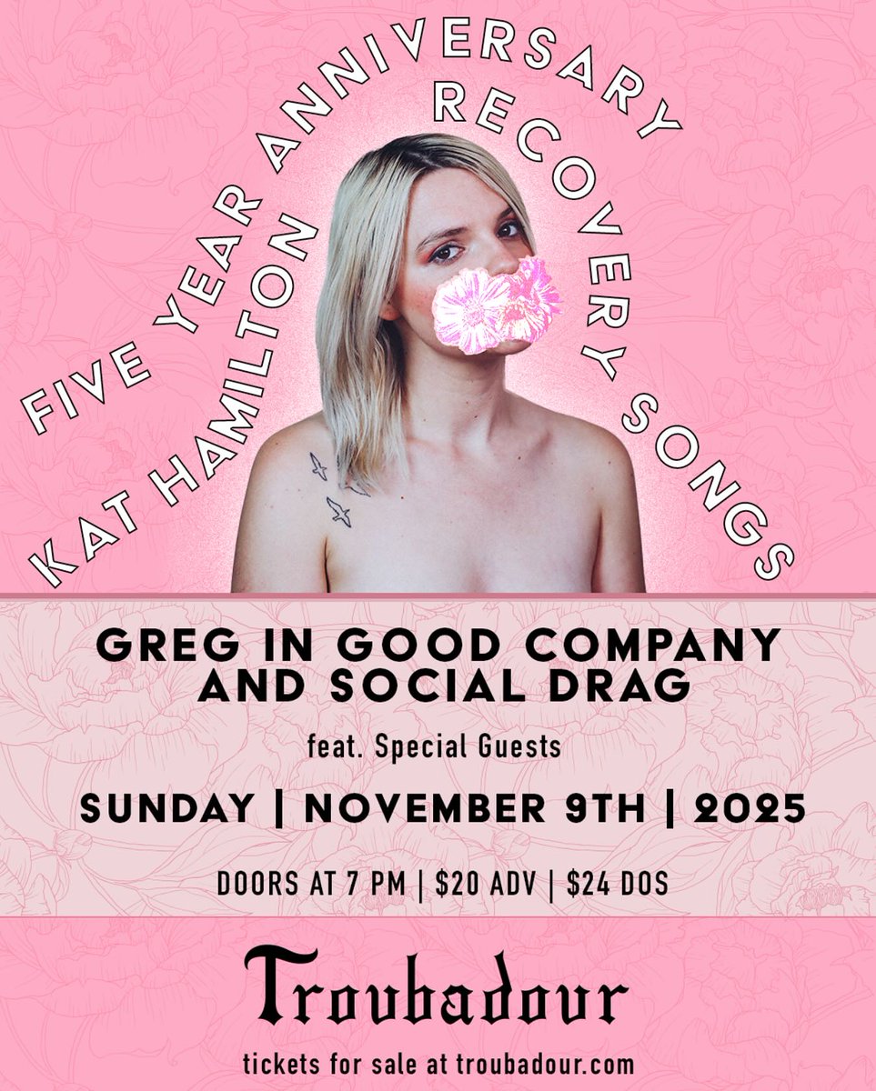 JUST ANNOUNCED: Kat Hamilton Recovery Songs 5 year anniversary show w/ <a href="/GregInGoodCo/">Greg in Good Company</a> + Social Drag 🩷💫 live November 9

tickets on sale friday at 10am pst!
