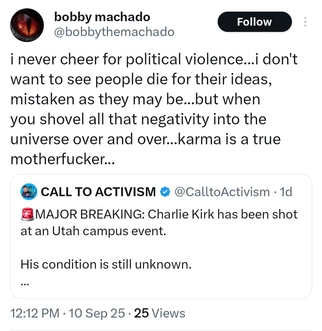 DrewForNevada's tweet image. Bobby Machado, the radio producer for the Vegas @GoldenKnights and @JTTheBrick on @FoxSportsLV celebrated Charlie Kirk's assassination: "He's a human piece of sh*t," "f*ck him all the way to hell," Trump should "just suck [Charlie's] dead d*ck," and much more.