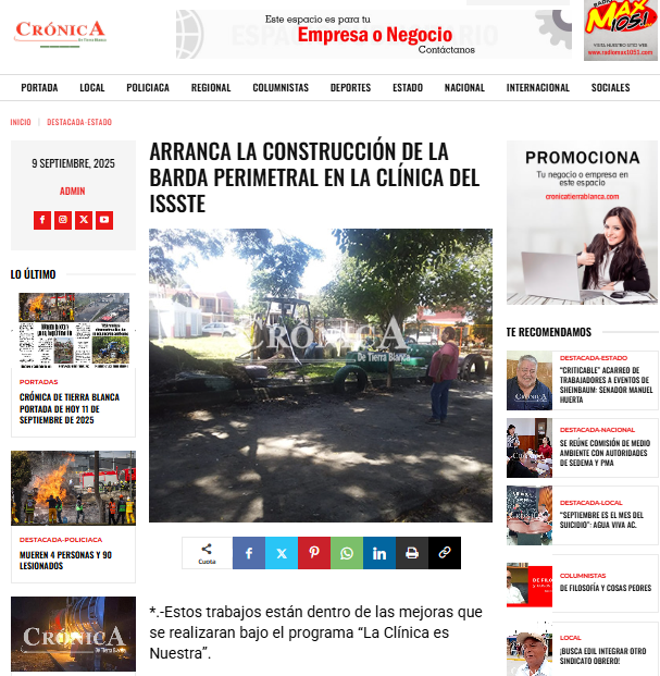 🏥 Con la nueva barda perimetral, esta clínica del ISSSTE estará más protegida y lista para seguir cuidando a la comunidad en cada temporada.
#SíMeCumplISSSTE ✅

cronicadetierrablanca.com/arranca-la-con…
