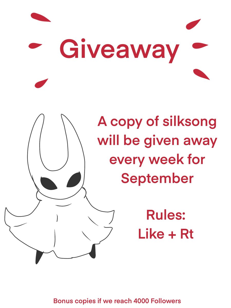 SILKSONG SEPTEMBER GIVEAWAY 

We’re giving away a copy of Hollow Knight: Silksong every week to celebrate its release. It’s an incredible game and everyone should play it!

Rules:

🐜 Like +Rt
🐜 Comment why you love Hollow Knight! (Optional)

Winner selected in 48 hours!!!