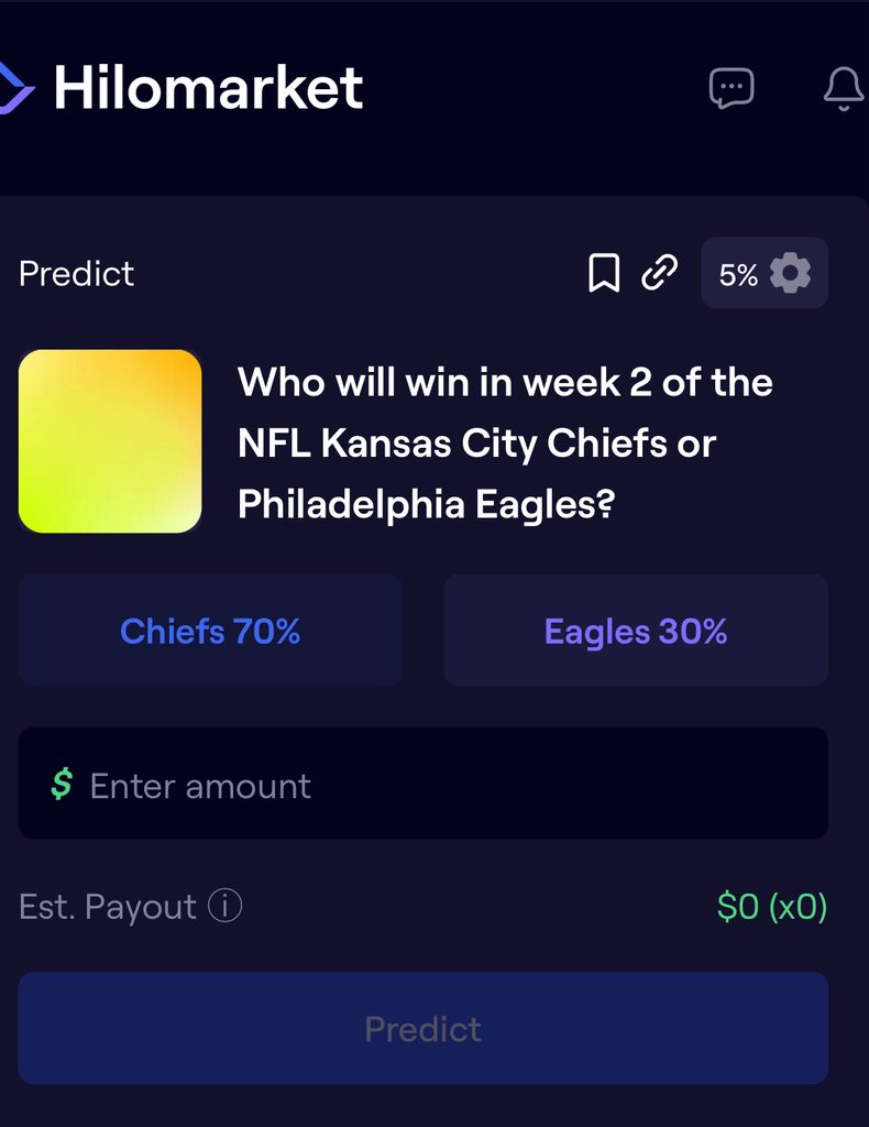 Choose who will win Eagles vs Chiefs this week on $Hilo here —- hilomarket.com/165 — This is a coin toss for me but I took the Chiefs.