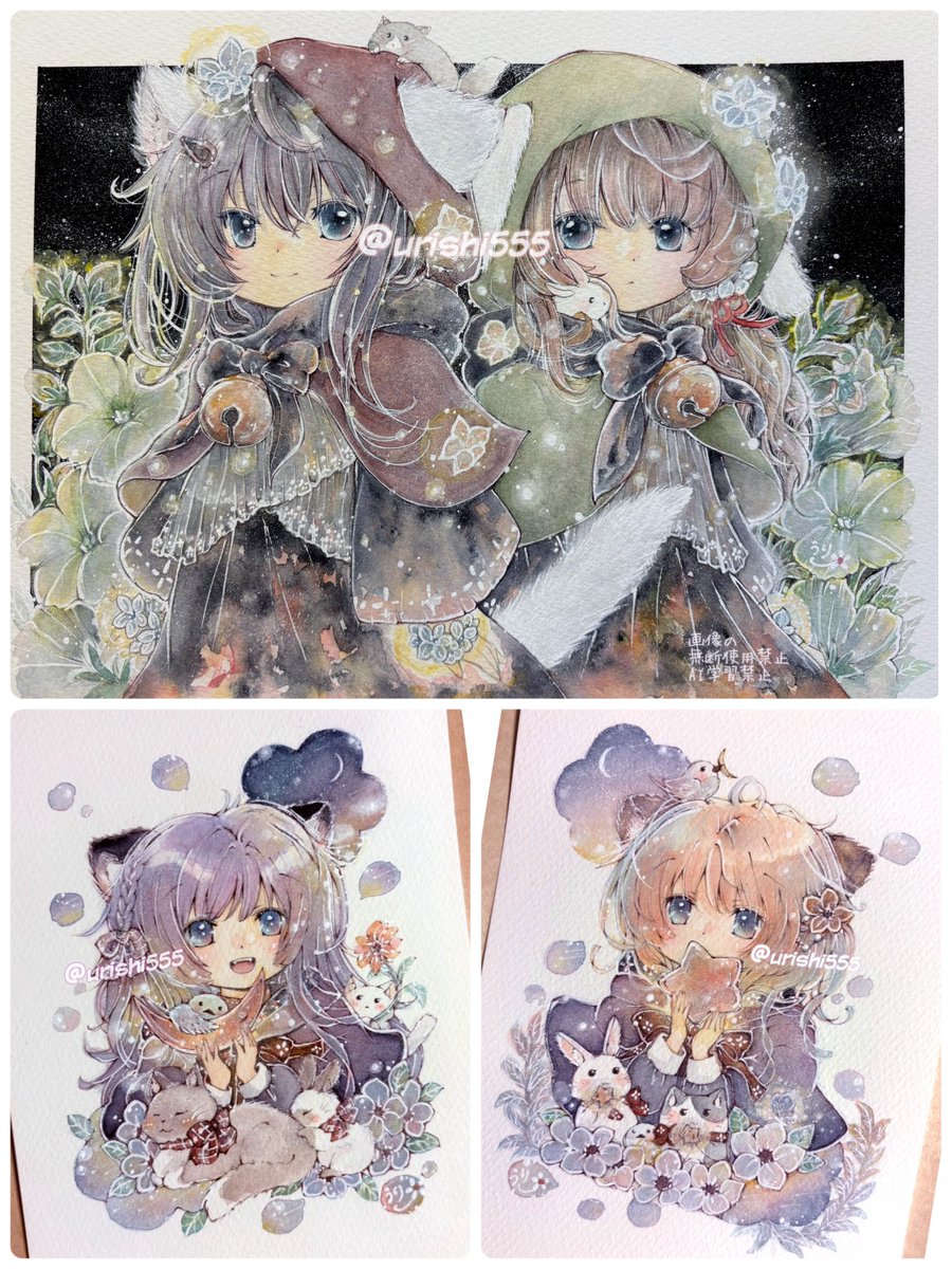 #アナログはいいぞ
🌙❁⃘*.ﾟ🐈‍⬛💖
 #オリジナルイラスト #水彩画 #透明水彩