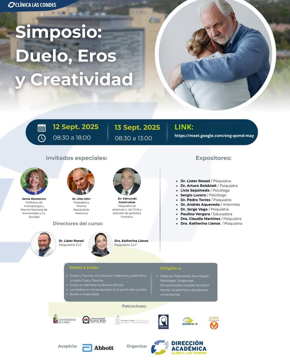 Mañana podrás acceder a este simposio, donde participarán dos de nuestros académicos:

🔹 11:15 - 12:15 → Dr. Otto Dörr: “Duelos extremos y depresión”.
🔹 14:00 - 14:45 → Dr. Arturo Roizblatt: “Separación de pareja y duelo”.

🔗LINK DE CONEXIÓN: meet.google.com/eng-qomd-may