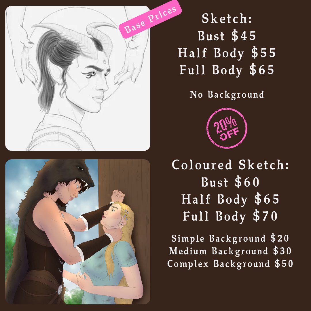 GagakumaDraws's tweet photo. Fall Commission Sale is still going! You get 20% off all commissions until October 15th but keep in mind I only have 4 slots a month. The prices listed above are the base prices and the 20% will be added to the final price they add up to. #vgen #bookart #dndart #ocart #fanart https://t.co/PKYH2ew0Uf