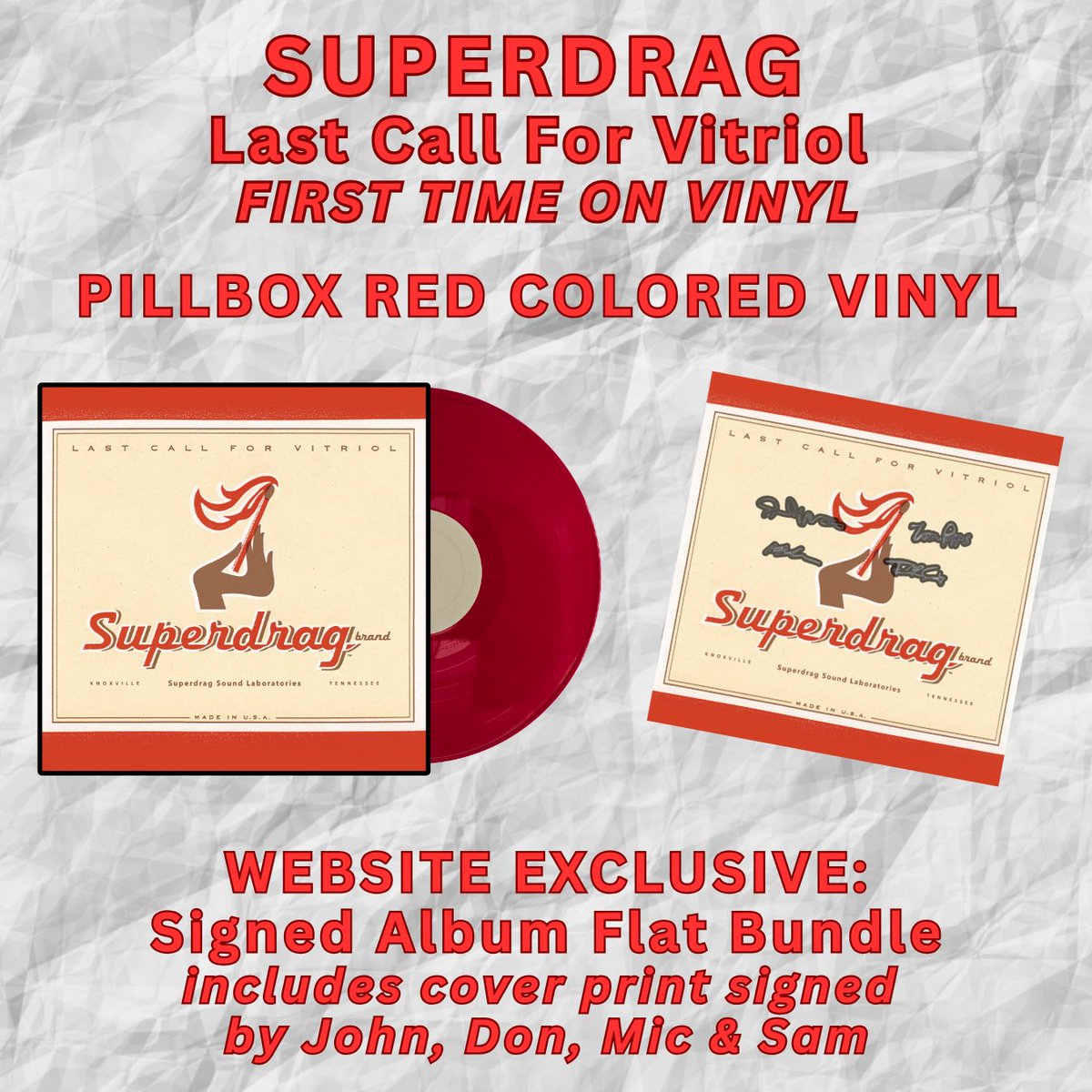 ICYMI: Last Call For Vitriol is on vinyl... for the first time ever! Pre-order on Pillbox Red vinyl or bundle with a 12" x 12" print of the cover image signed by the Vitriol-era lineup. superdrag.limitedrun.com