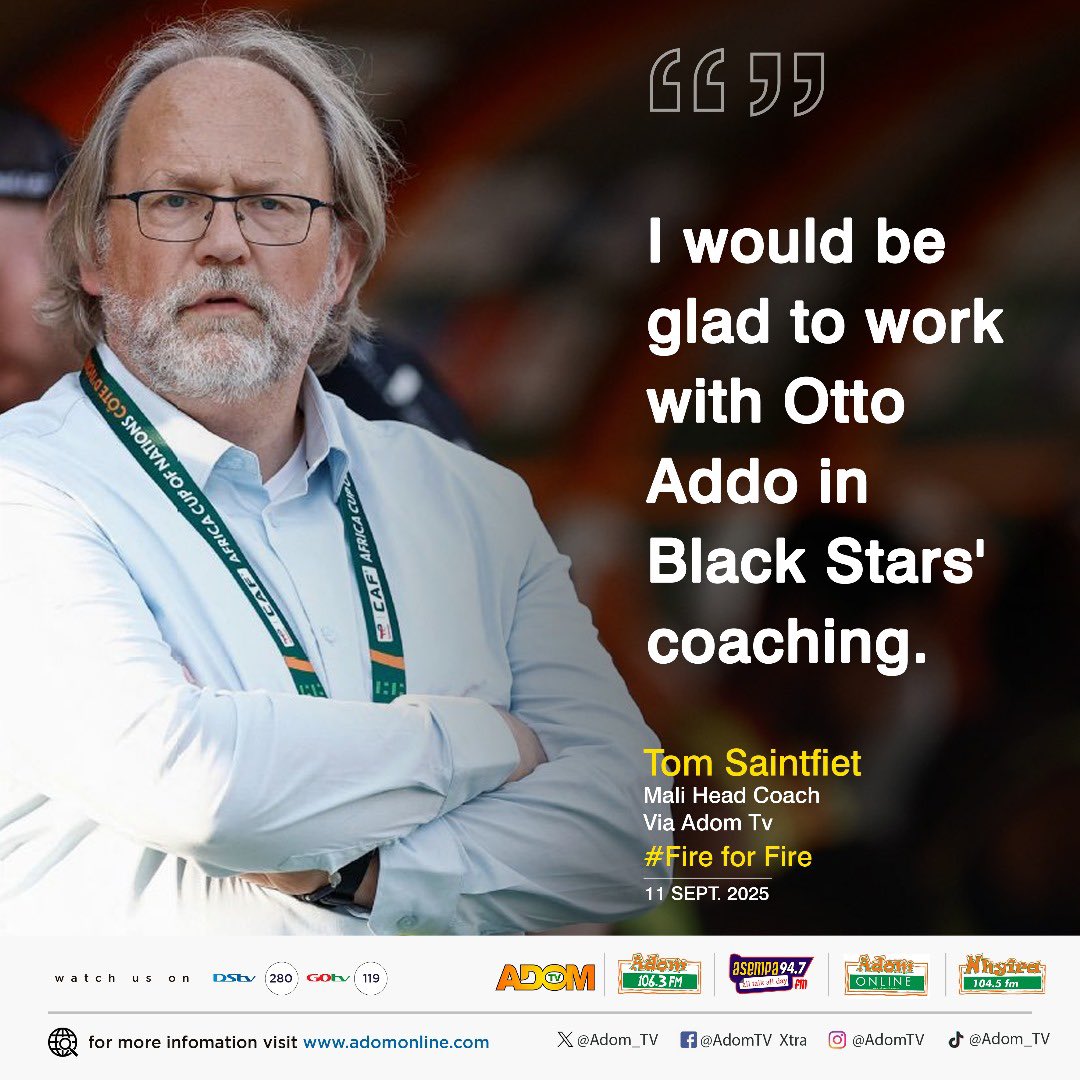 KOBBY__STONNE's tweet image. Mali coach Tom Saintfiet speaks from the heart ambition over money, commitment over excuses and one clear mission: qualify for the 2026 World Cup. 

Catch the *exclusive interview with Kobby Stonne* on #FireForFire — replay tonight at 10:00 PM on Adom TV. 📺🔥@thenanaaba 😂😂