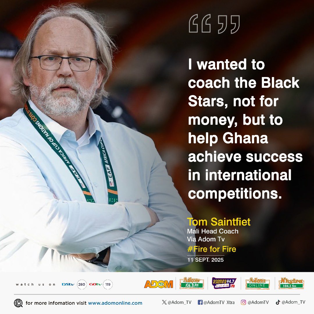 KOBBY__STONNE's tweet image. Mali coach Tom Saintfiet speaks from the heart ambition over money, commitment over excuses and one clear mission: qualify for the 2026 World Cup. 

Catch the *exclusive interview with Kobby Stonne* on #FireForFire — replay tonight at 10:00 PM on Adom TV. 📺🔥@thenanaaba 😂😂