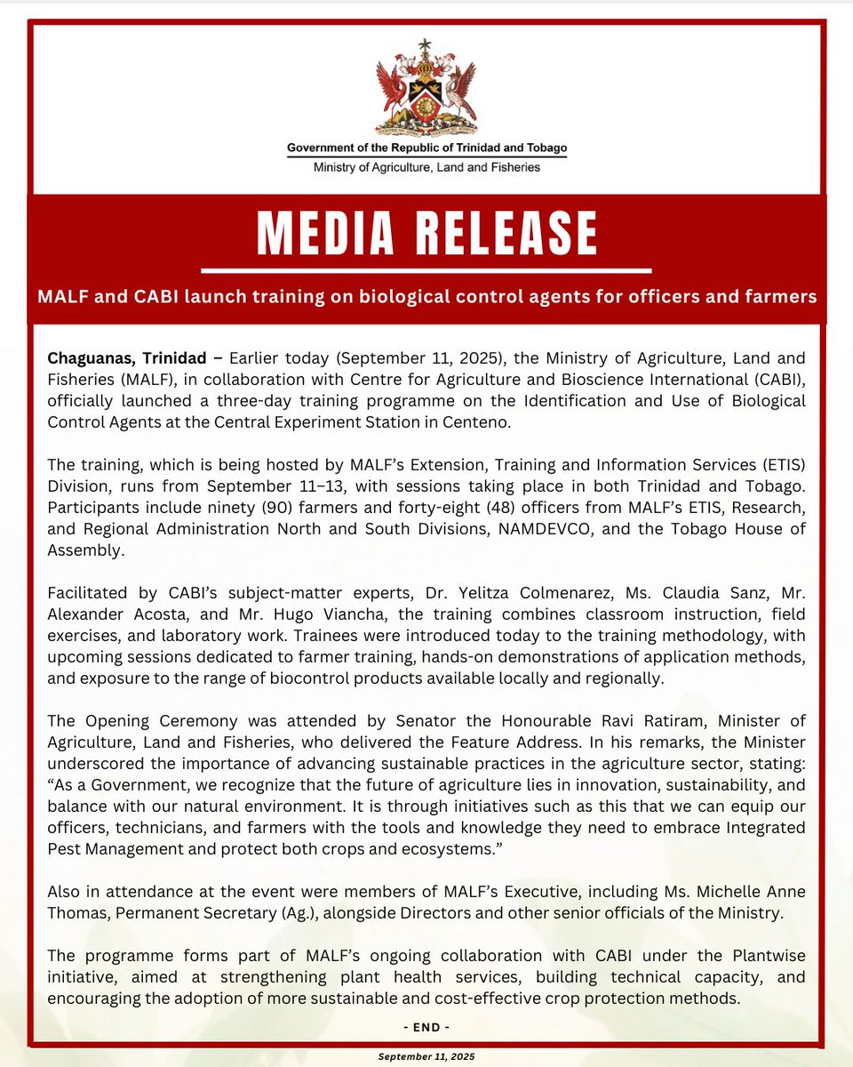 maftt_'s tweet image. MEDIA RELEASE: MALF and CABI launch training on biological control agents for officers and farmers

Learn more: agriculture.gov.tt/media-releases…

#MALF #MediaRelease #CABI #ETISDivision #BiologicalControlAgents #SustainableAgriculture

@ttgovcomms @tttliveonline @CNC3TV @tv6tnt