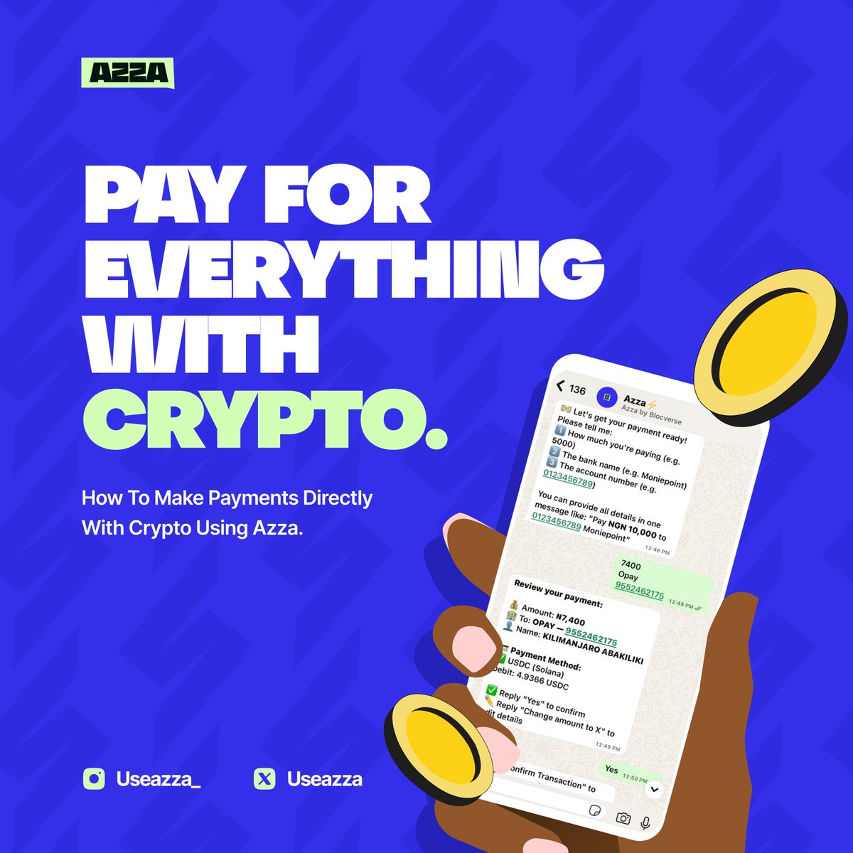 MbahAlexander1's tweet image. Here is my entry for the AZAA @SuperteamEarn! Bounty 🚀
@useazza the smart trading bot that makes it easy to convert your crypto to Naira, switch to local currencies, and back to crypto seamlessly. ⚡💱

#useAzza #AZAA  #Crypto #CryptoTrading  #CryptoToFiat #SeamlessTransactions