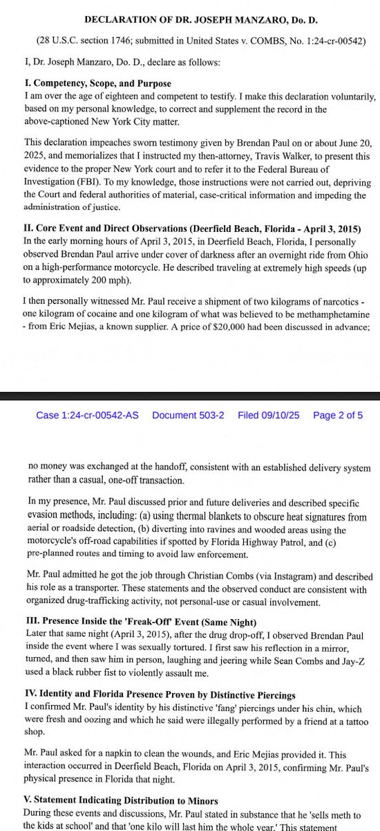 innercitypress's tweet image. Just filed in Diddy Dockets: statement by Florida Man who says he witnessed "drug mule" Brendan Paul, and was assaulted - Inner City Press story coming with full filing.