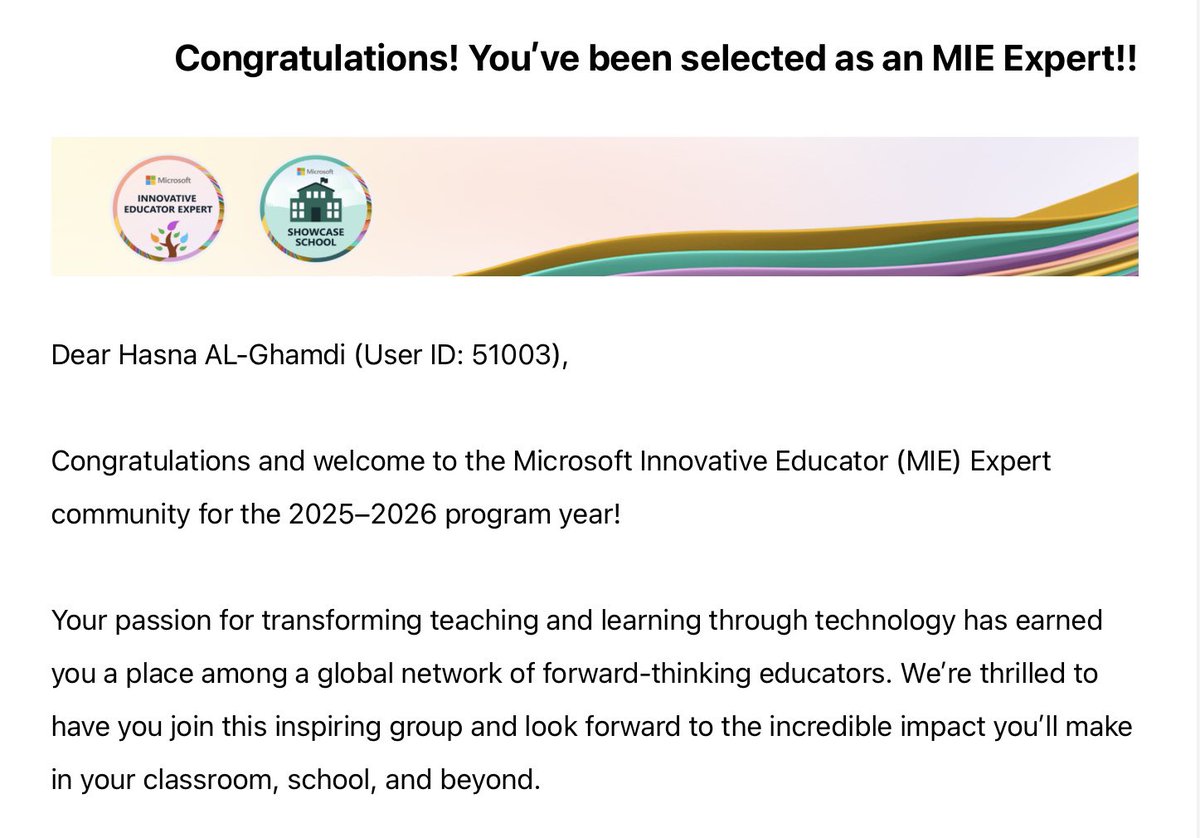 hsanaa_2's tweet image. الحمدالله على فضله 
واحسانه والشكرله على توفيقه
تم تجديدترشيحي 

للعام الخامس  على التوالي 🇸🇦🏅✨
في برنامج 

#خبير_مايكروسوفت_للتعلم_الإبداعي 
لعام 2025-2026
@abeermehdar 
@MScreativeteam 
#تعليم_الطائف 
#MIEExpert
#AIinEducation
#EducatorsInTech
  #MicrosoftEdu
@Microsoft_Saud