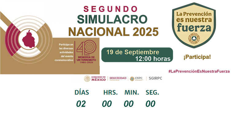 SASMEX's tweet photo. Faltan 2 día para el #SegundoSimulacroNacional2025 donde se activará la #AlertaSísmica. Recuerda que se llevará a cabo este viernes 19 de septiembre en punto de las 12:00 hrs. ¡Prepárate y Participa!
Conoce más en: https://t.co/vrkSUE5uJn
¡Prevenir es vivir! https://t.co/WLS9CHZgkA