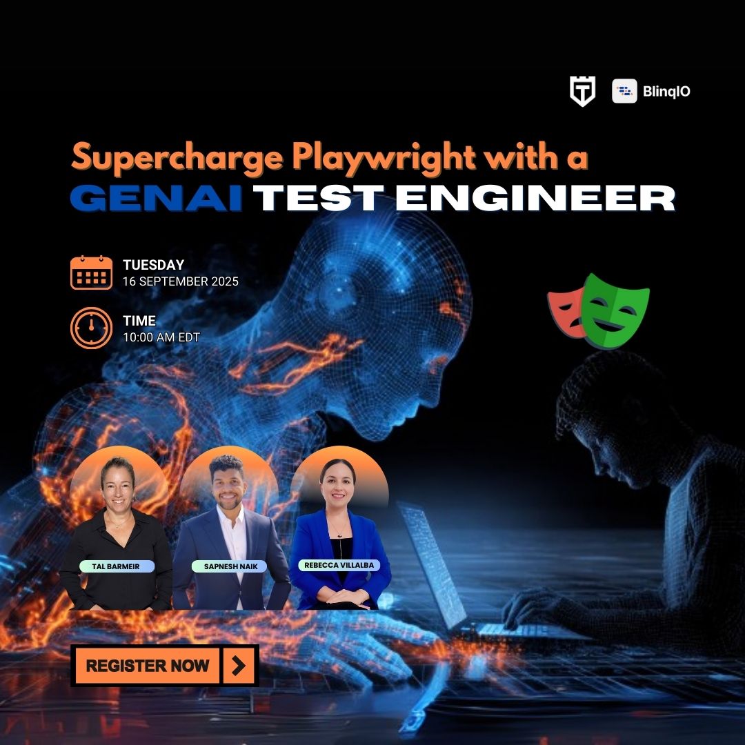 Flaky #Playwright tests? UI changes breaking scripts? See how #GenAI keeps your tests running smoothly, adapts to changes, and routes issues to the right team automatically. Reserve your spot to join us. 👉 testguild.com/webinar-superc… @talbarmeir <a href="/BlinqIo/">Blinq.io</a> #qa #blinqio #autonomous #