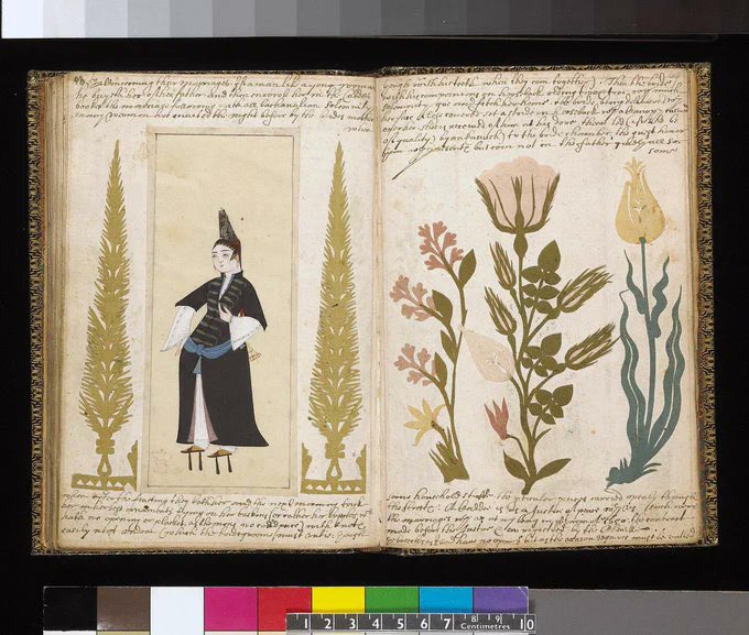 Album leaf of a woman wearing high brown pattens, high headdress (tantura).    Possibly on her way to the hammam.     From: 'A briefe relation of the Turckes, their kings, Emperors, or Grandsigneurs, their conquests, religion, customes, habbits, etc'.  1618  (British Museum)
