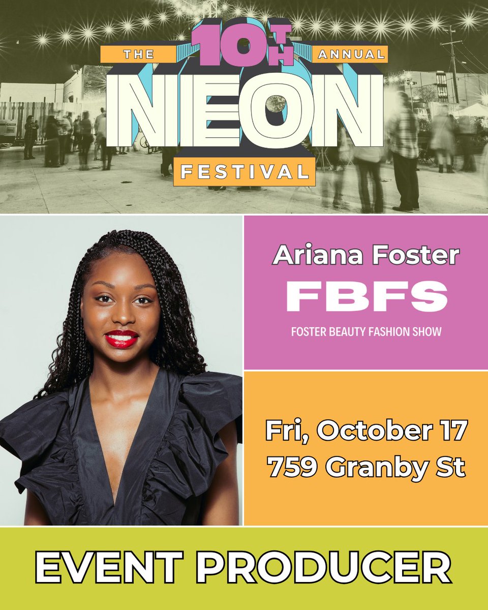 Producer Highlight: Foster Beauty Fashion Show 👗

FBFS invests in local talent and builds spaces for creatives to shine. Under the leadership of Ariana Foster, the show celebrates diversity, sustainability, and community impact. 

Experience it at NEON Festival this October.