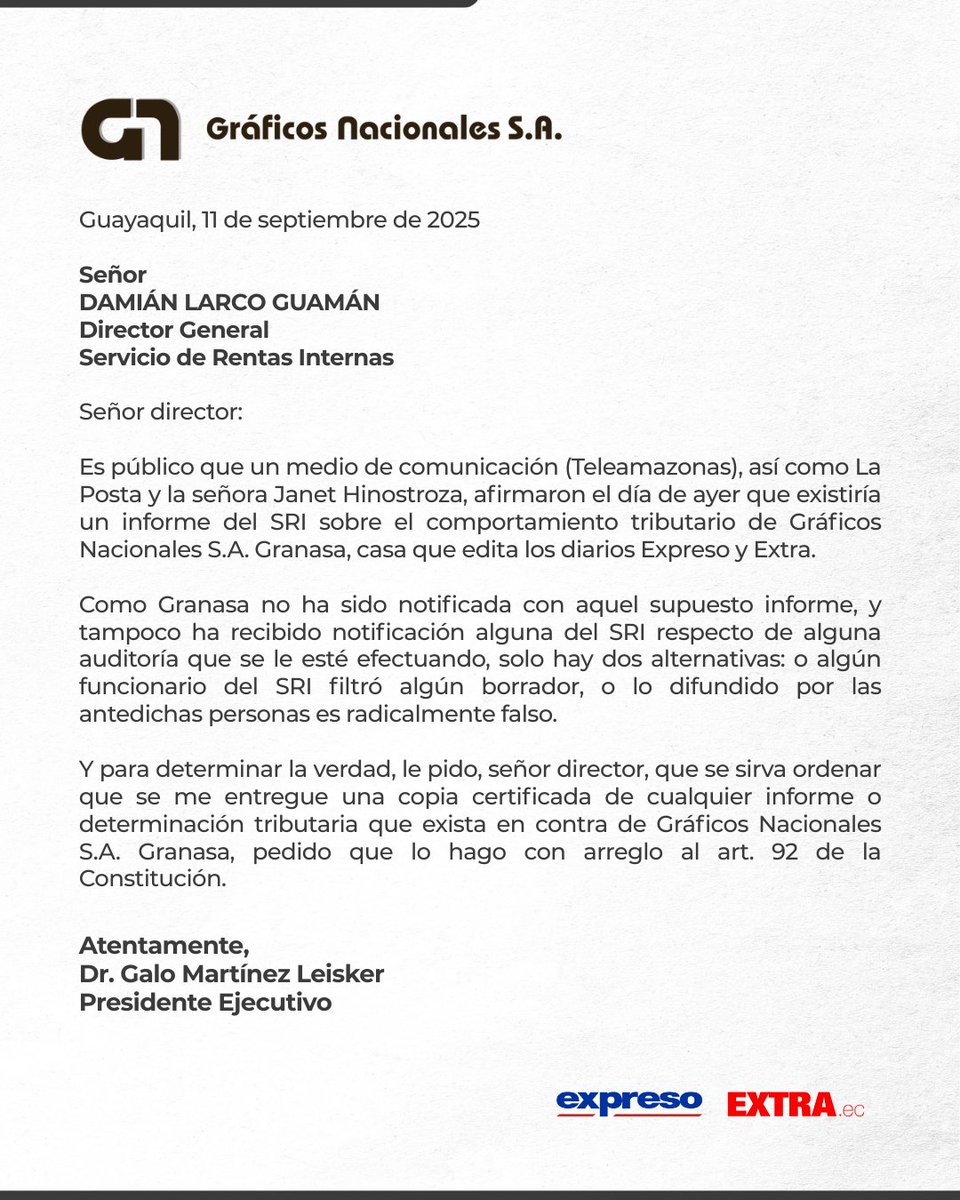 🛑Gráficos Nacionales S.A. (Granasa), casa que edita los diarios EXPRESO y EXTRA, no ha recibido notificación del <a href="/SRIoficialEc/">SRI Ecuador</a> y pide transparencia sobre cualquier informe o determinación tributaria.