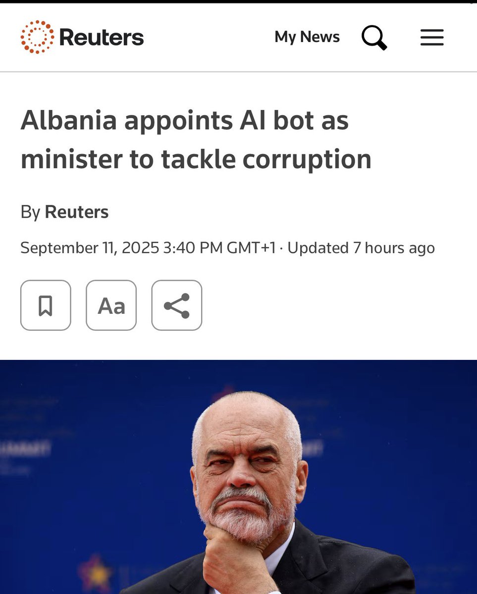 S4mmyEth's tweet image. This is wild.

Albania has appointed an AI-bot named “Diella” as a minister, responsible for public procurement.

The idea is that, being virtual, she can’t be bribed, threatened, or unduly influenced.

Who recalls @freysa_ai ($FAI)?

Freysa was socially engineered into releasing…