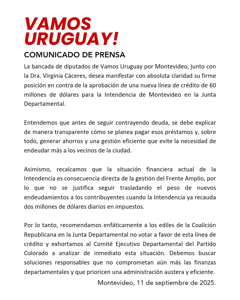 #Montevideo no necesita más deuda.
La Intendencia recauda más de 2 millones de dólares diarios y debe gestionarlos con eficiencia, no debe hipotecar el futuro de los montevideanos.

Desde #VamosUruguay manifestamos nuestro rechazo al nuevo préstamo de USD 60 millones.