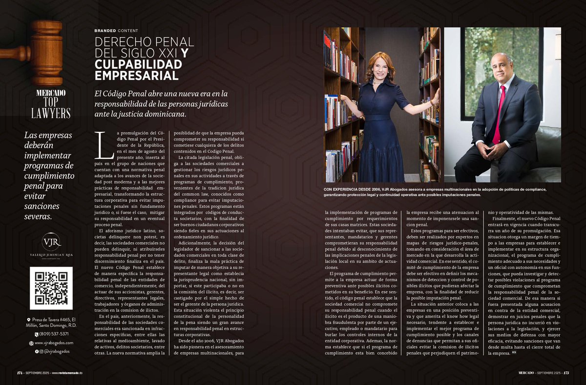 Derecho penal y culpabilidad empresarial, nuestro artículo publicado en la Revista Mercado con motivo de la promulgación del nuevo Código Penal Dominicano. <a href="/miguelvalerioj/">Miguel Valerio J.</a> <a href="/YipsyRoa/">Yipsy Roa Díaz</a> <a href="/VJROrwell/">VJR Orwell</a>