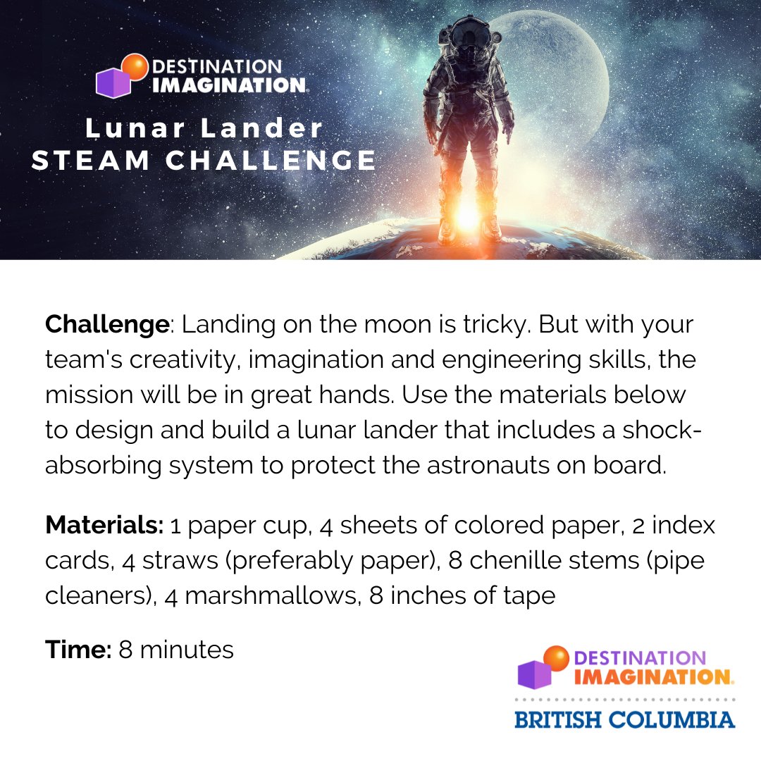 👩‍🚀 Moon landing isn’t easy — but with imagination and teamwork, anything is possible!
Check out this Lunar Lander STEAM Challenge and inspire your learners to think like engineers, dreamers, and problem-solvers. 🚀🌕

#DestinationImagination #STEM #STEAM #FutureInnovators