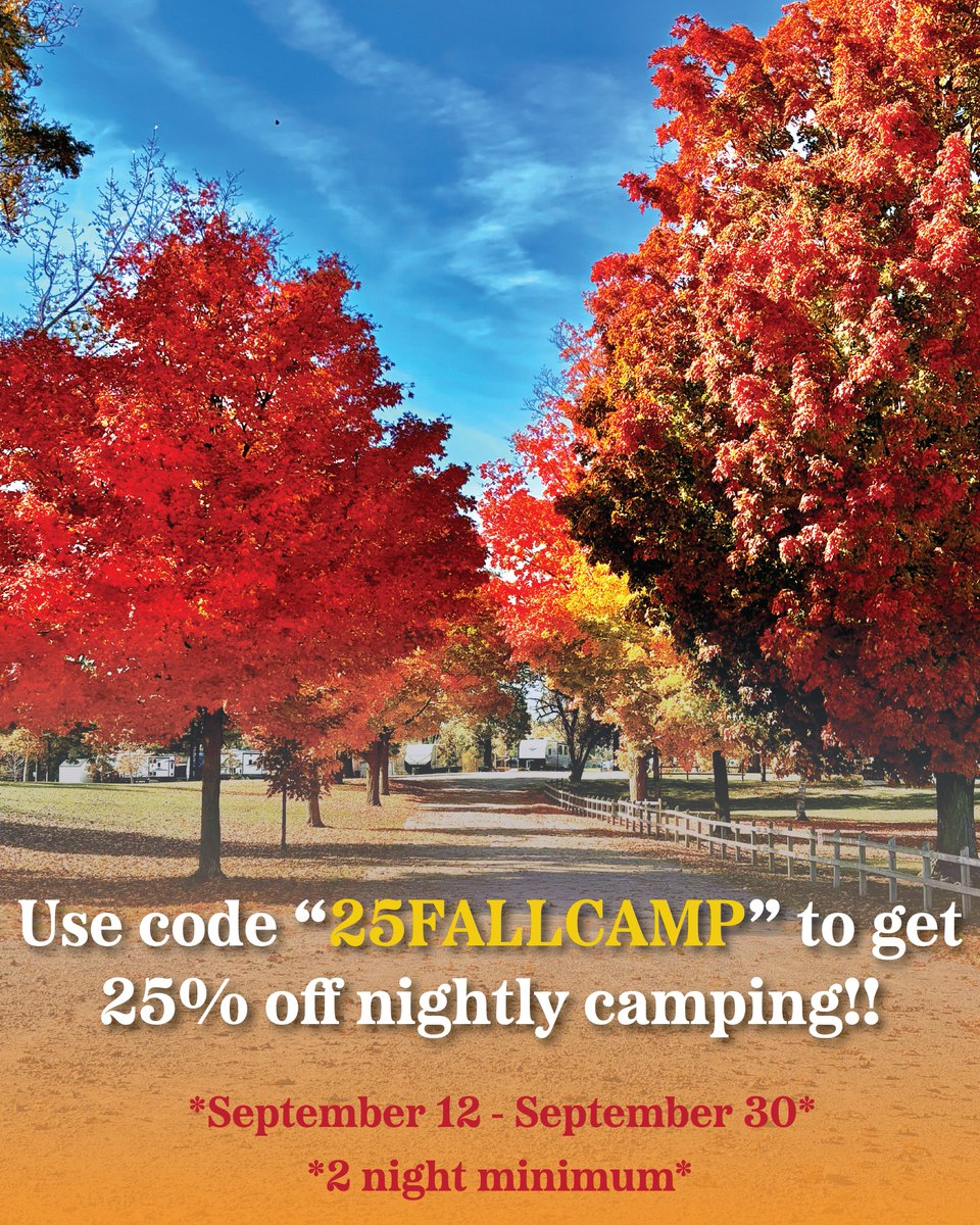 ONLINE ONLY: Use code "25FALLCAMP" to get 25% off nightly camping this September 12 - September 30 with a minimum 2 night purchase. ... get this sweet deal while you can! Click the link in our bio to book your site 🏕