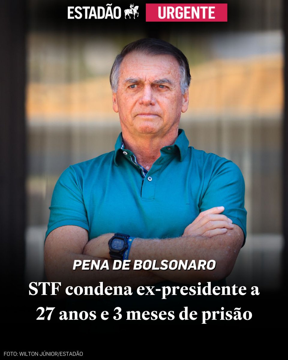 Estadao's tweet photo. PENA DE BOLSONARO

STF condena ex-presidente a 27 anos e 3 meses de prisão

Acompanhe em https://t.co/5GLzoY2SBh  https://t.co/AywriHZgNv