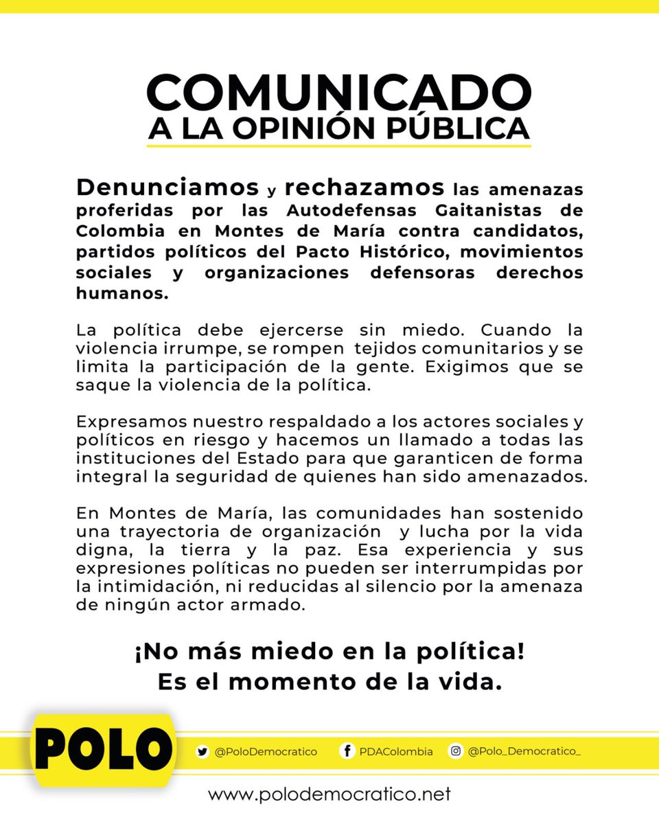 Repudiamos las amenazas contra 
candidatos del <a href="/PactoCol/">Pacto Histórico Oficial</a>, organizaciones sociales, comunitarias y de derechos humanos en los Montes de María. 

¡Es momento de la VIDA!