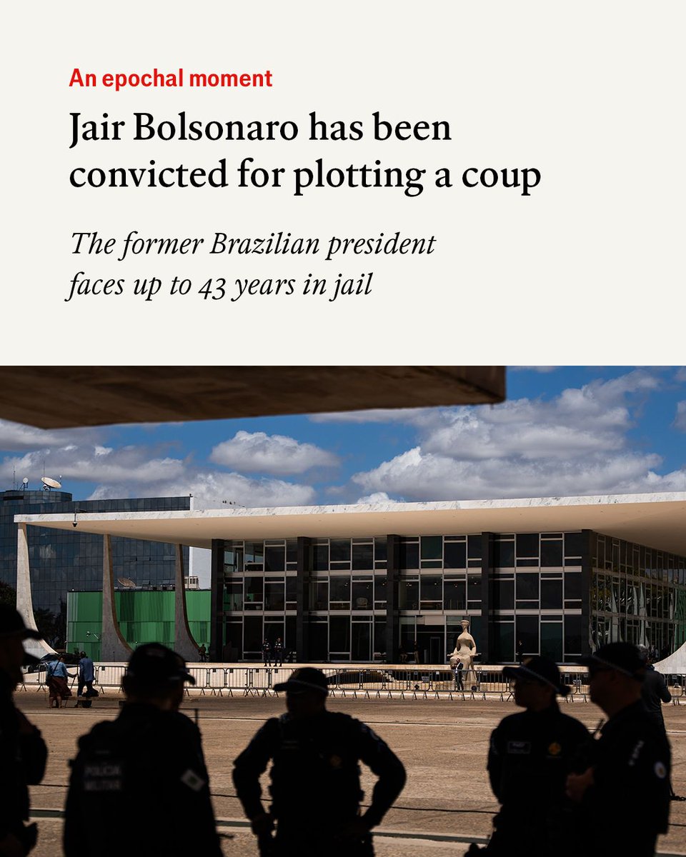 Four years ago Jair Bolsonaro, then Brazil’s president, made a vow. He said his re-election campaign could end only in jail, death or victory. “And you can be sure the first option doesn’t exist,” he said. He was wrong econ.st/4piw95J

Photo: Getty Images