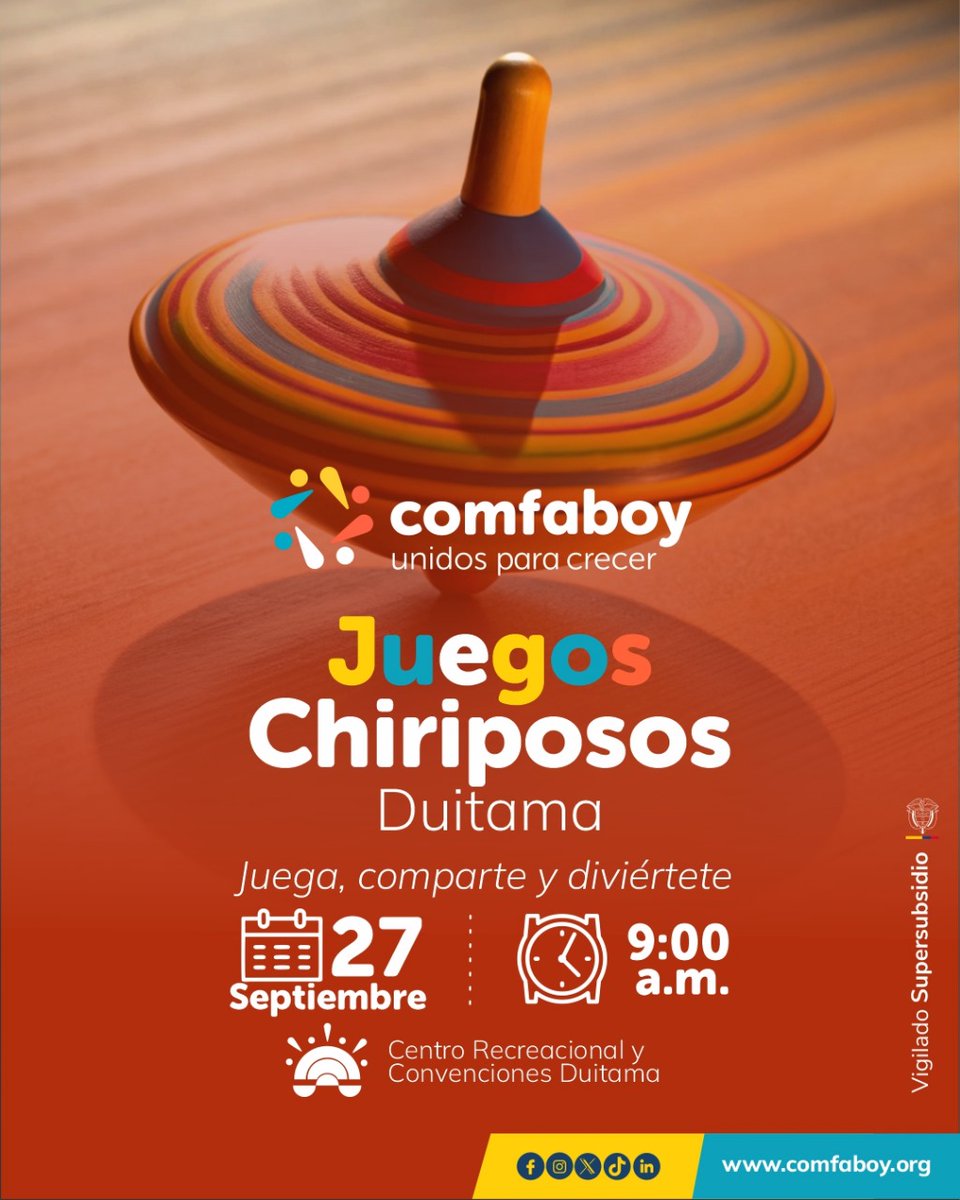 ¡La diversión de siempre vuelve con más energía!
Este 27 de septiembre te esperamos en el Centro Recreacional y de Convenciones de Duitama para disfrutar juntos de los Juegos Chiriposos Comfaboy.
Comparte, juega y revive las tradiciones que nos unen.
⏰ 9:00 a.m. | ¡No faltes!