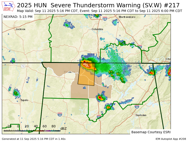 HUN issues Severe Thunderstorm Warning [wind: 60 MPH (RADAR INDICATED), hail: 0.88 IN (RADAR INDICATED)] for Lauderdale, Lawrence, Limestone, Morgan [AL] till 6:00 PM CDT mesonet.agron.iastate.edu/vtec/f/2025-O-…