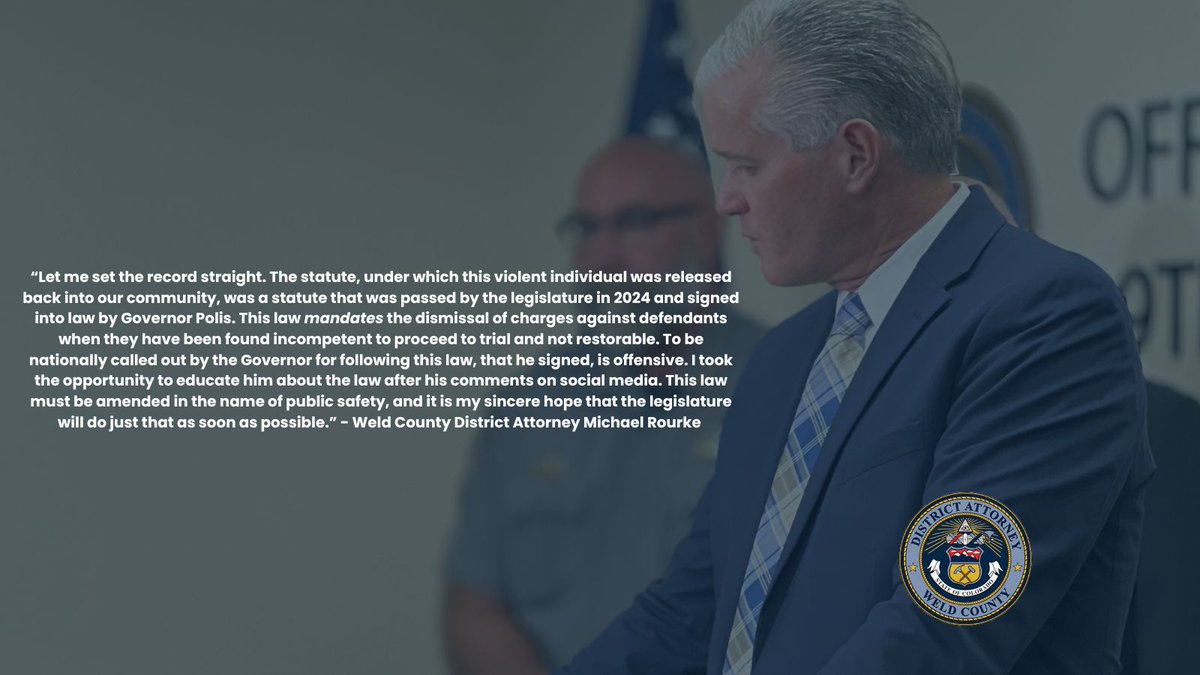 WeldCountyDA's tweet photo. A violent offender was released into our community this week—because state law signed by Governor Polis required it. He then blamed local officials and called it "unacceptable." 

This failure is in state law, not local action. https://t.co/nOISUIsFBH