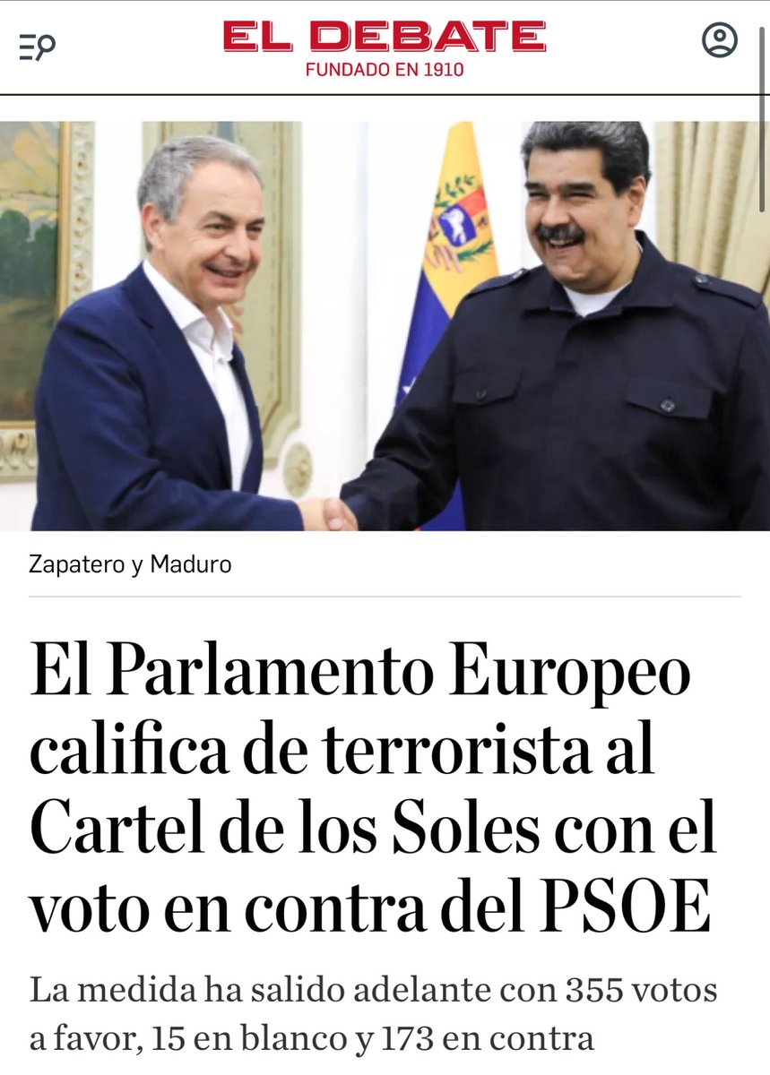 El Parlamento Europeo votaba hoy calificar como grupo terrorista al Cartel de los Soles, el narco venezolano al q EEUU sitúa a Maduro como su líder, y los socialistas europeos son los únicos q han votado en contra, al parecer por petición d Zapatero #Horizonte