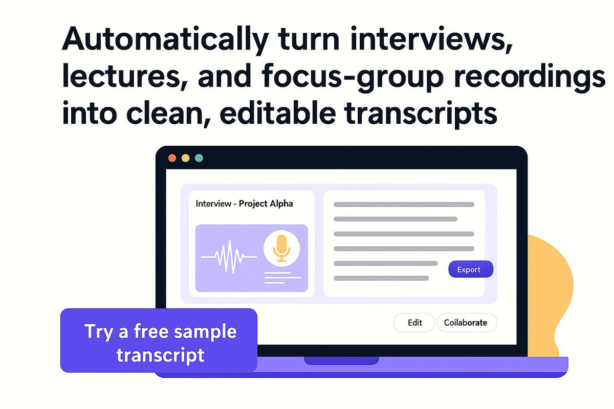 SpeechTextAI's tweet image. Automatically transcribe interviews, lectures & focus groups into editable transcripts with domain-trained AI for research jargon & noisy audio.
Features included: speaker diarization + timestamps; verbatim or cleaned modes; exports for NVivo/Atlas.ti (DOCX, TXT, CSV) + SRT;…