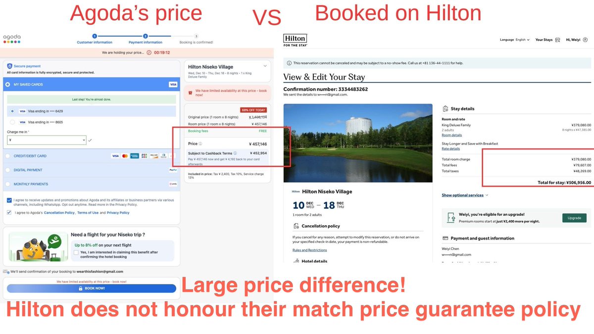 WYC_Music's tweet photo. Hilton denied my claim multiple times, each with a new excuse:
1.“Different currency” (I provided proof in JPY ✅)
2.“Screenshots not from final page” (I provided final checkout page ✅)
3.“Third-party logo missing” (I included Agoda logo ✅)
4.“Cashback not eligible” (I showed the pre-cashback rate ✅)
5.“No tax/service fee breakdown” (Agoda now shows 10% + 13% breakdown ✅)

Every time I addressed one, Hilton invented another.

@HiltonHotels @Hilton