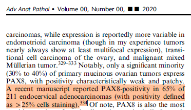 IHC_guy's tweet photo. My colleague Matt just walked into my office.

Matt: How often is PAX8 positive in endocervical adenocarcinoma?

Me: It's about 50/50...could be 40%...could be 60%. I can't remember. Let's look it up in "my review."

Matt: I didn't think you would have covered that.

Me: 😂😂😂 https://t.co/hq1QiFyw6u