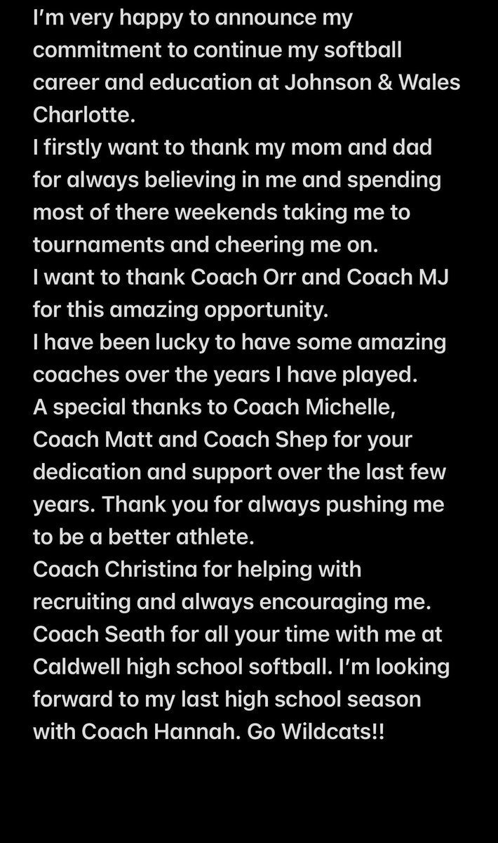 I’m very excited to announce my commitment to play softball at Johnson &amp; Wales University Charlotte <a href="/JWUCSoftball/">JWU Charlotte Softball</a> 
<a href="/CoachCourtOrr/">Courtney Orr</a> 
<a href="/AMWicksGold2026/">Athletics Mercado 2026 Gold- Wicks</a>
