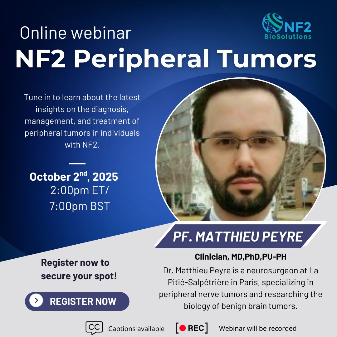 NF2BioSolutions's tweet image. 📢 We’re excited to announce our upcoming webinar:
Peripheral Tumors in NF2 with Dr. Matthieu Peyre
🗓 October 2 | ⏰ 2 PM ET / 7 PM BST | 💻 Zoom 

Register here: buff.ly/ET5RyQc