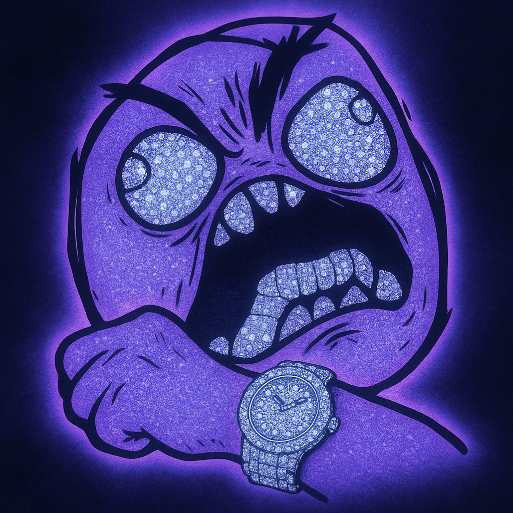 Purple diamond-encrusted rage face meme with watch