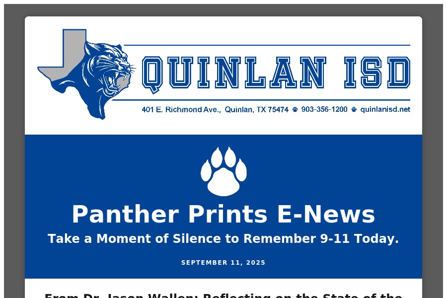 Quinlan ISD (@quinlanisd) on Twitter photo 09/11/2025 QISD E-News: Take a Moment to Reflect on Dr. Wallen's 09/11 Message psqr.io/dwC7myhZrF via <a href="/ParentSquare/">ParentSquare</a> 09/11/2025 QISD E-News: Take a Moment to Reflect on Dr. Wallen's 09/11 Message psqr.io/dwC7myhZrF via <a href="/ParentSquare/">ParentSquare</a>
