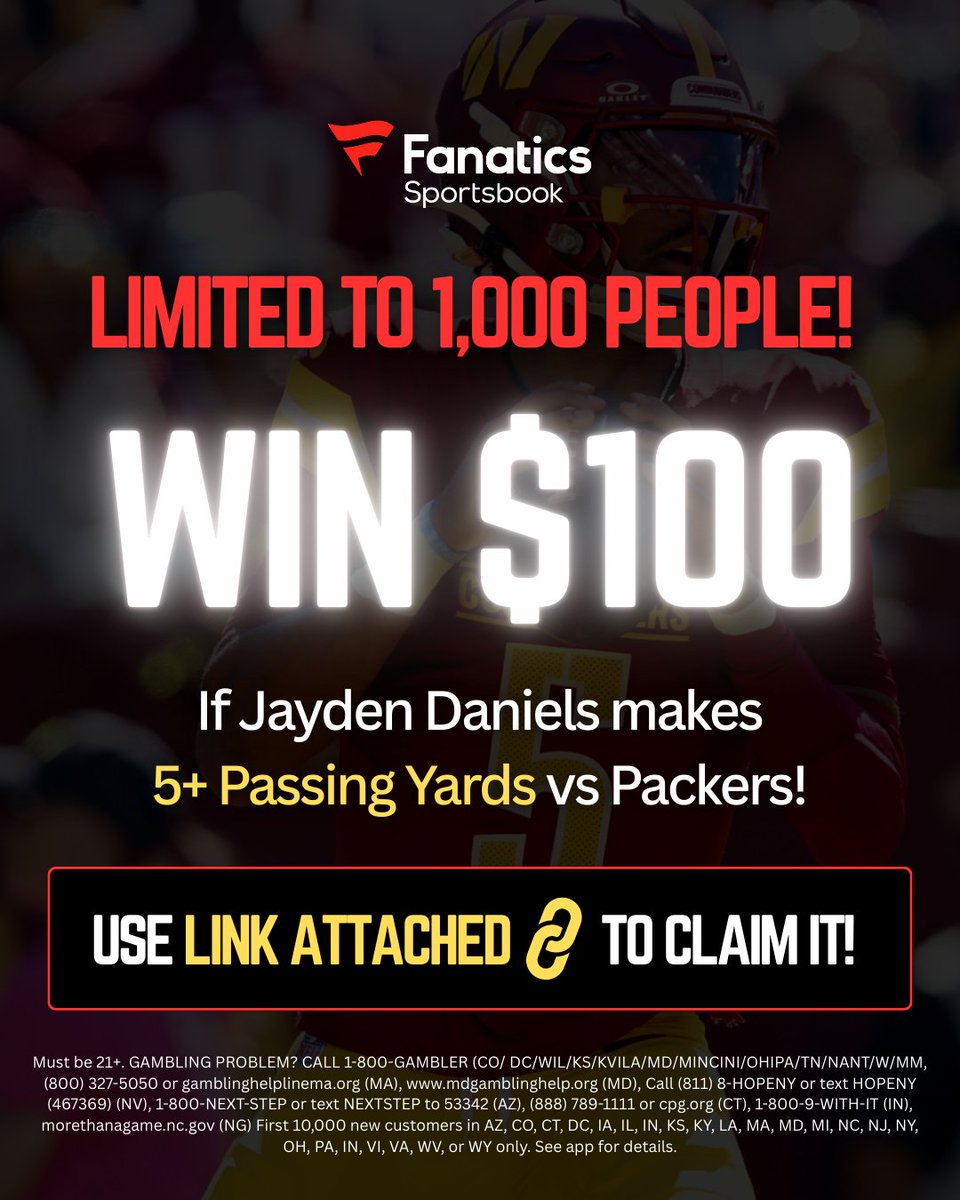 JoeysBets's tweet image. 🏈 TNF Same Game Parlay!

Last 10 Games:
✅80% - Jacobs 60+ Rushing Yards
✅80% - McLaurin 30+ Receiving Yards
✅90% - Daniels 175+ Passing Yards
✅80% - Wicks 2+ Receptions

🚨$1 on Daniels to make 5+passing yards pays $100!

Tail Here: tinyurl.com/JDaniels-100

21+, T&amp;amp;C's Apply