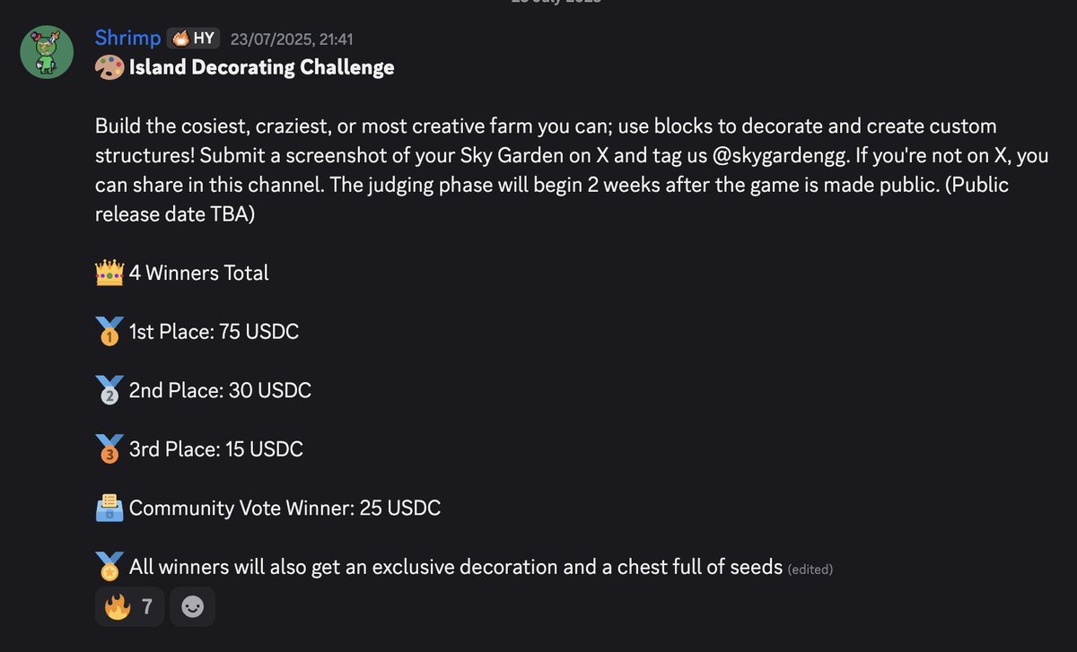 🚨Calling all Builders 🚨

We're hosting an island design competition for SkyGarden, where the top islands will be given real USDC rewards 🎁

We will accept submissions until Sunday, September 21st! 

Share a screenshot or video of your island with #MySkyGarden or post it in our